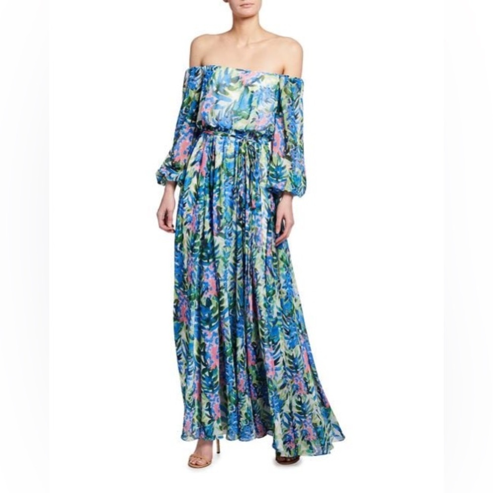 Badgley Mischka Collection Blue Floral Print Off-the-Shoulder Chiffon Gown